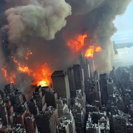 Prompt: a photo of a giant dog destroying new york citys buildings, explosions, fire