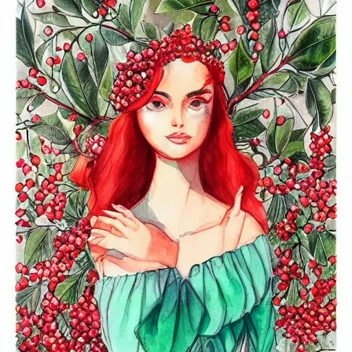 Image similar to Persephone surrounded by pomegranates, beautiful, elegant, watercolor, render, trending on artstation