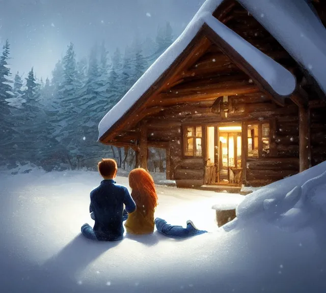 Prompt: a boy and a girl with long flowing auburn hair sitting together on the porch of a cabin on a mountain overlooking a snowy forest. Atmospheric lighting, long shot, romantic, boy and girl are the focus, cold lighting, snowy. details, sharp focus, illustration, by Jordan Grimmer and greg rutkowski, Trending artstation, pixiv, digital art