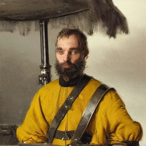 Image similar to Medium closeup shot frustrated and acerbic male bearded Imperial soldier wearing a {black and yellow tabard} over a steel breastplate and a black gambeson leaning over a table, by Raymond Swanland Greg Rutkowski Lise Deharm, {perfect face}, {perfect eyes}, {perfect body}, {hands planted on war table while standing},