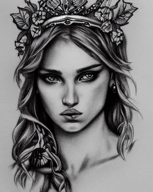 Prompt: realism tattoo sketch of aphrodite greek goddess wearing a laurel wreath and arrowhead earrings, beautiful piercing eyes with small pupils, sexy look, beautiful blonde hair, in the style of matteo pasqualin, amazing detail, fantasy, elegant, smooth, sharp