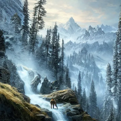 Prompt: Intricate five star Skyrim Wilderness by Greg Rutkowski and Thomas Kinkade, oil on canvas, Coherence, HDR, high detail, Photo realistic, hyperrealism,matte finish, high contrast, 3d depth, masterpiece, vivid and vibrant colors, enhanced light effect, enhanced eye detail,artstationhd