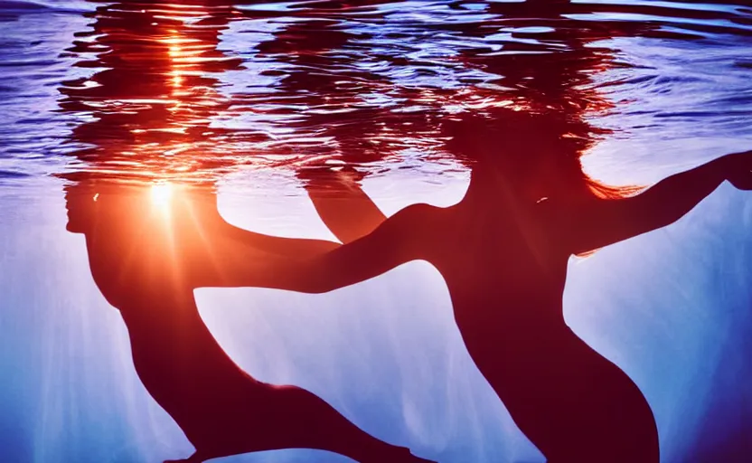 Prompt: photo portrait of woman underwater during sunrise, sunrays, flowing fabric!!, caustics, rippling water, photoshoot, flowing hair, haunting, iconic, fine-art, masterpiece, sharp focus