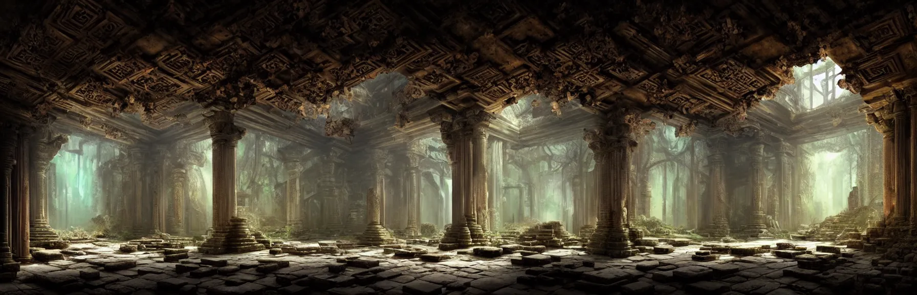 Prompt: The interior of an mystical ancient dilapidated temple in ruins amidst jungle, intricate runes chiseled on the walls, elegant chandelier hanging from the ceiling; volumetric lighting, digital painting, highly detailed, artstation, sharp focus, illustration, concept art, ruan jia, steve mccurry