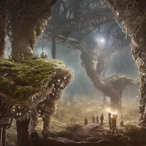 Image similar to intricate human biorobotic organs intertwined with biorobotic flowers, intricate environment, matte painting, cinematic, epic composition, highly detailed, atmospheric, wide angle, artstation trending