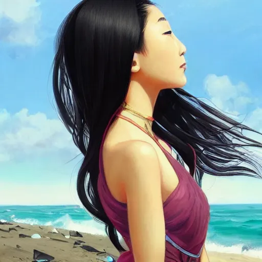 Prompt: asian sun goddess wearing modern clothing, portrait,! sundress!,! high ponytail!, slice of life, modern instagram influencer, beach and ocean in the background, highly detailed, digital painting, artstation, concept art, sharp focus, illustration, cinematic lighting, art by artgerm and greg rutkowski and alphonse mucha