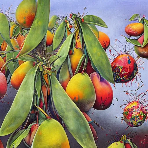 Prompt: a detailed painting titled mangoes grow up for a while now by gerald scarfe and ralph steadman