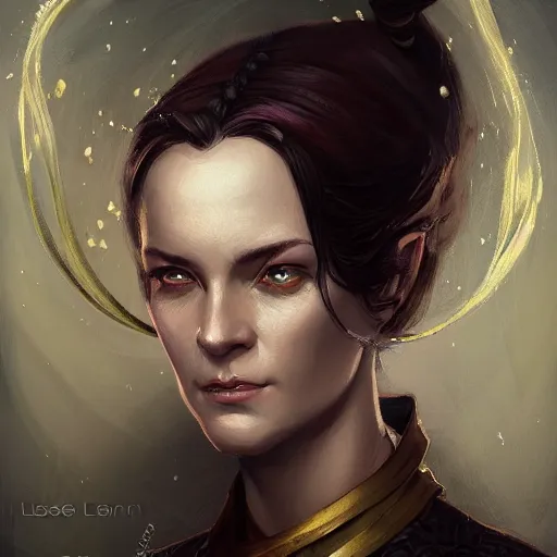 Image similar to a detailed matte head - on portrait painting of an middle - aged half - tiefling noblewoman with golden eyes and short well kept hair, by charlie bowater, lise deharme, wlop, tending on arstation, dungeons and dragon, dnd, pathfinder, fanart, oil on canvas