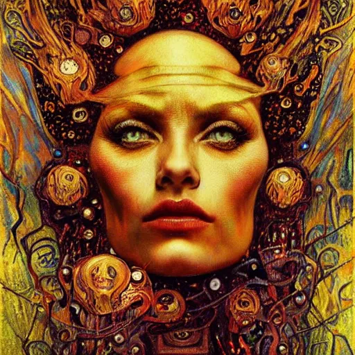 Prompt: Visions of Hell by Karol Bak, Jean Deville, Gustav Klimt, and Vincent Van Gogh, nightmare portrait, infernal, visionary, otherworldly, fractal structures, ornate gilded medieval icon, third eye, hellfire, spirals, horror