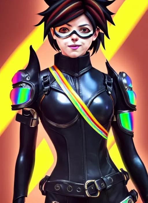 Image similar to full body digital artwork of tracer overwatch, wearing black iridescent rainbow latex, 4 k, expressive happy smug expression, makeup, in style of mark arian, wearing detailed black leather collar, wearing sleek armor, black leather harness, expressive detailed face and eyes,