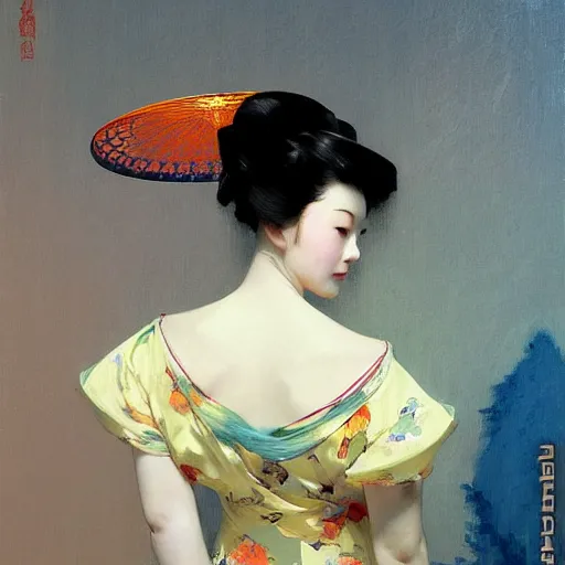 Image similar to yanjun cheng portrait of a beautiful geisha android floral pattern by norman rockwell, bouguereau