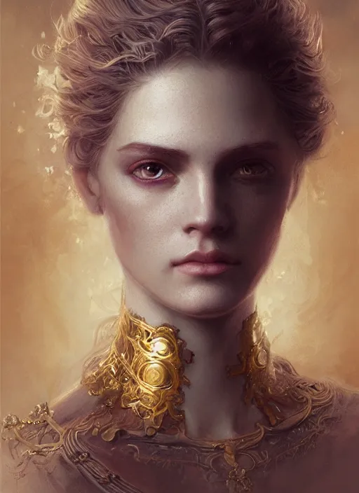 Image similar to female pale aristocrat, gold, character portrait, concept art, intricate details, highly detailed by greg rutkowski, michael whelan and gustave dore, face enhance, ultra detailed