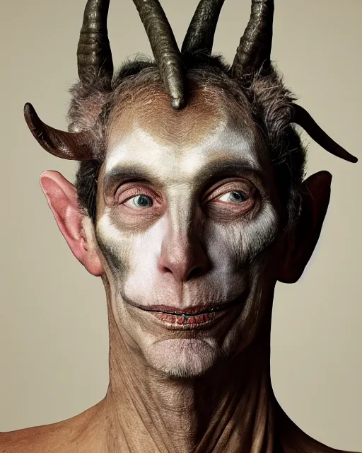 Image similar to Mauricio Macri in Elaborate Pan Satyr Goat Man Makeup and prosthetics designed by Rick Baker, Hyperreal, Head Shots Photographed in the Style of Annie Leibovitz, Studio Lighting