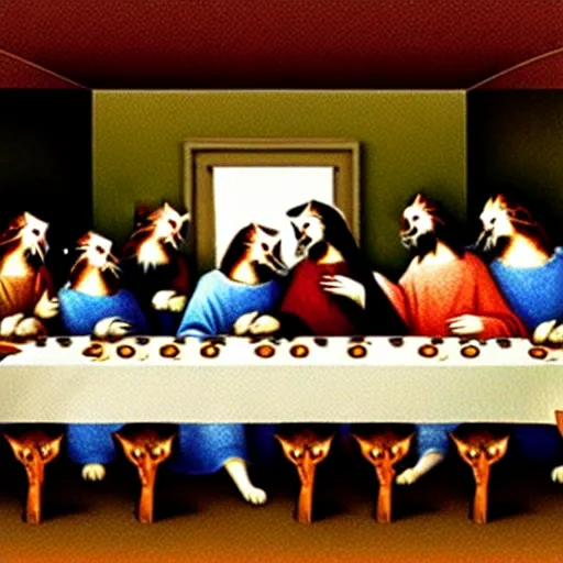 Image similar to the last supper but instead it's cats