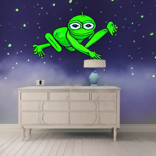 Image similar to pepe the frog flying at night through fog forest lit by the full moon