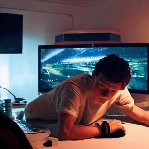 Image similar to tom holland behind a computer in his apartment room during a stormy night, photorealistic, cinematic lighting, highly detailed,