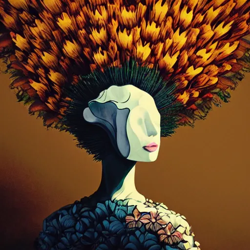 Image similar to giant flower head on woman, surreal photography, dramatic light, painting by victo ngai, james jean, rossdraws, frank franzzeta, mcbess