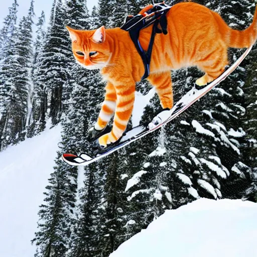 Image similar to an orange tabby cat skiing in the mountains