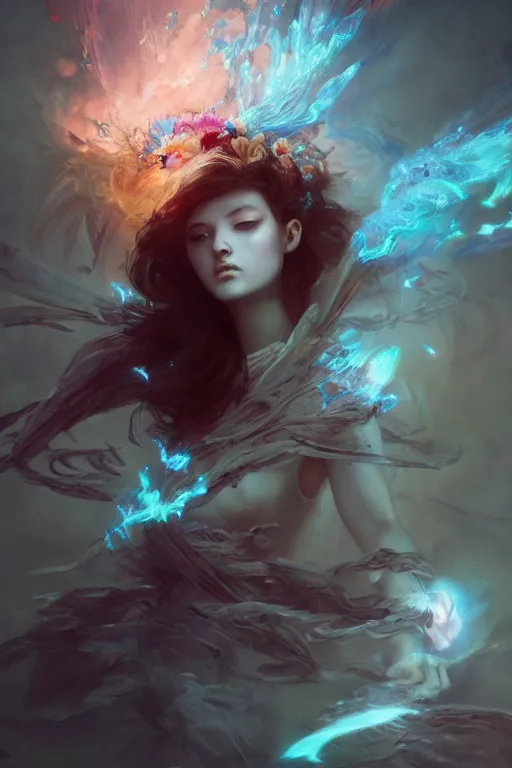 Image similar to beautiful girl necromancer exploding into flowers, angels, 3 d render, hyper - realistic detailed portrait, holding electricity, ruan jia, wlop. scifi, fantasy, hyper detailed, octane render, concept art, peter mohrbacher