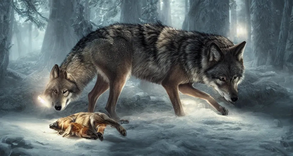 Prompt: wolves and their treasures. fantasy style, ultra realistic, octane render, unreal engine, raytracing, 8 k highly detailed, trending on artstation, illustration, digital painting, highly detailed render by george stubbs