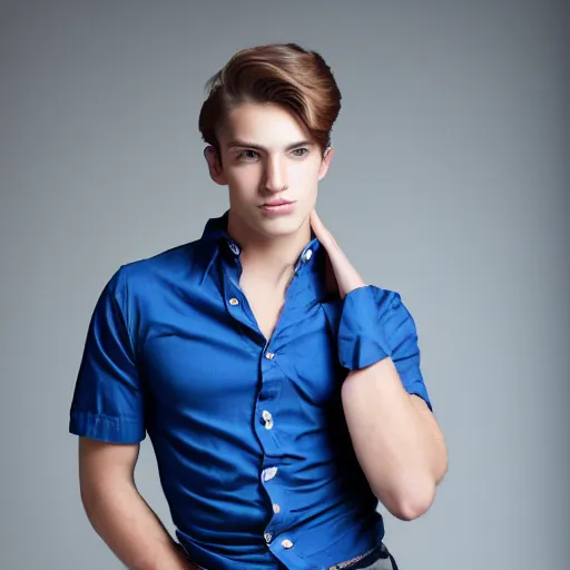 Image similar to A young pretty male model showcasing a very cute miniskirt and blouse. Studio lighting