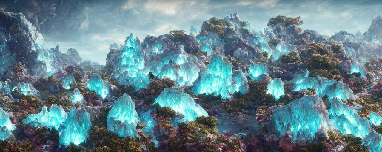 Prompt: ” otherwordly landscape with rystal formations and shiny gemstones, [ by wlop, colourful, cinematic, detailed, epic, widescreen, opening, establishing, mattepainting, photorealistic, realistic textures, octane render ] ”