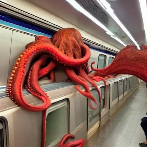 Image similar to of a giant octopus invading a interior of a subway train in new york,