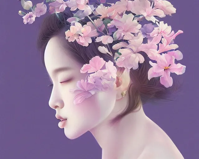 Image similar to highly detailed pastel colors of an ethereal asian beauty morphing gradually into flowers, by artgerm and hsiao - ron cheng, smooth composition, fine patterns and detail