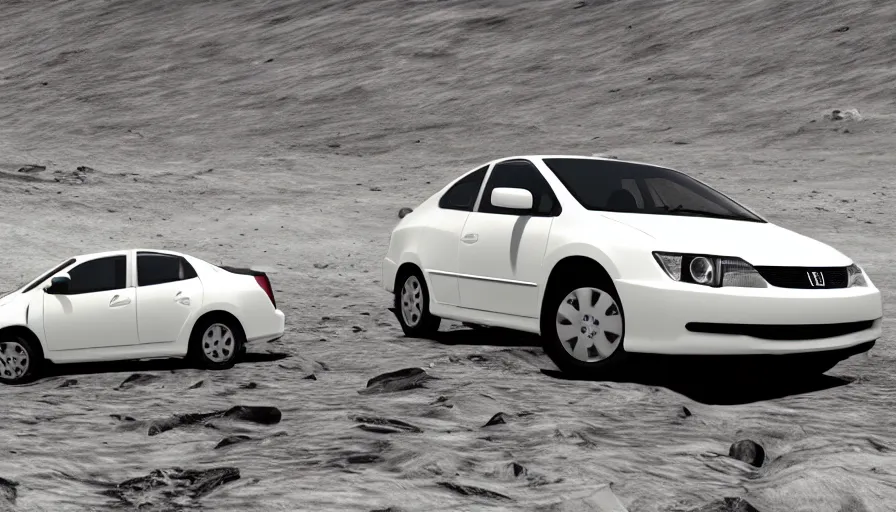 Prompt: A white 2008 Honda Civic driving on the lunar surface, ultrarealistic, 8k, highly detailed, cinematic lighting,