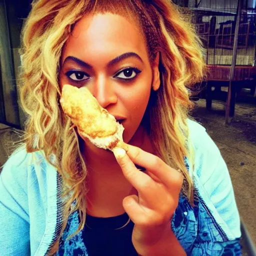 Prompt: beautiful picture of Beyonce eating chiken nuggets, award winning picture