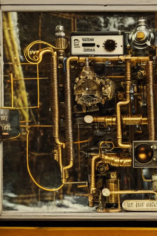 Image similar to a photo taken by someone who doesn't know how to use a camera, the most complex kodak camera ever made with vacuum tubes, capacitors and coils inside, through a dirty store window by Wes Anderson, grungy, weathered Ultra detailed, hyper realistic, 4k