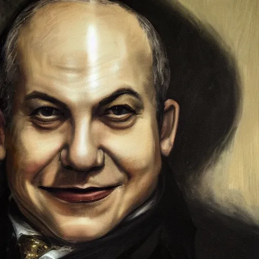 Image similar to Gothic portrait of Benjamin Netanyahu grinning in a dark office, black make up, detailed