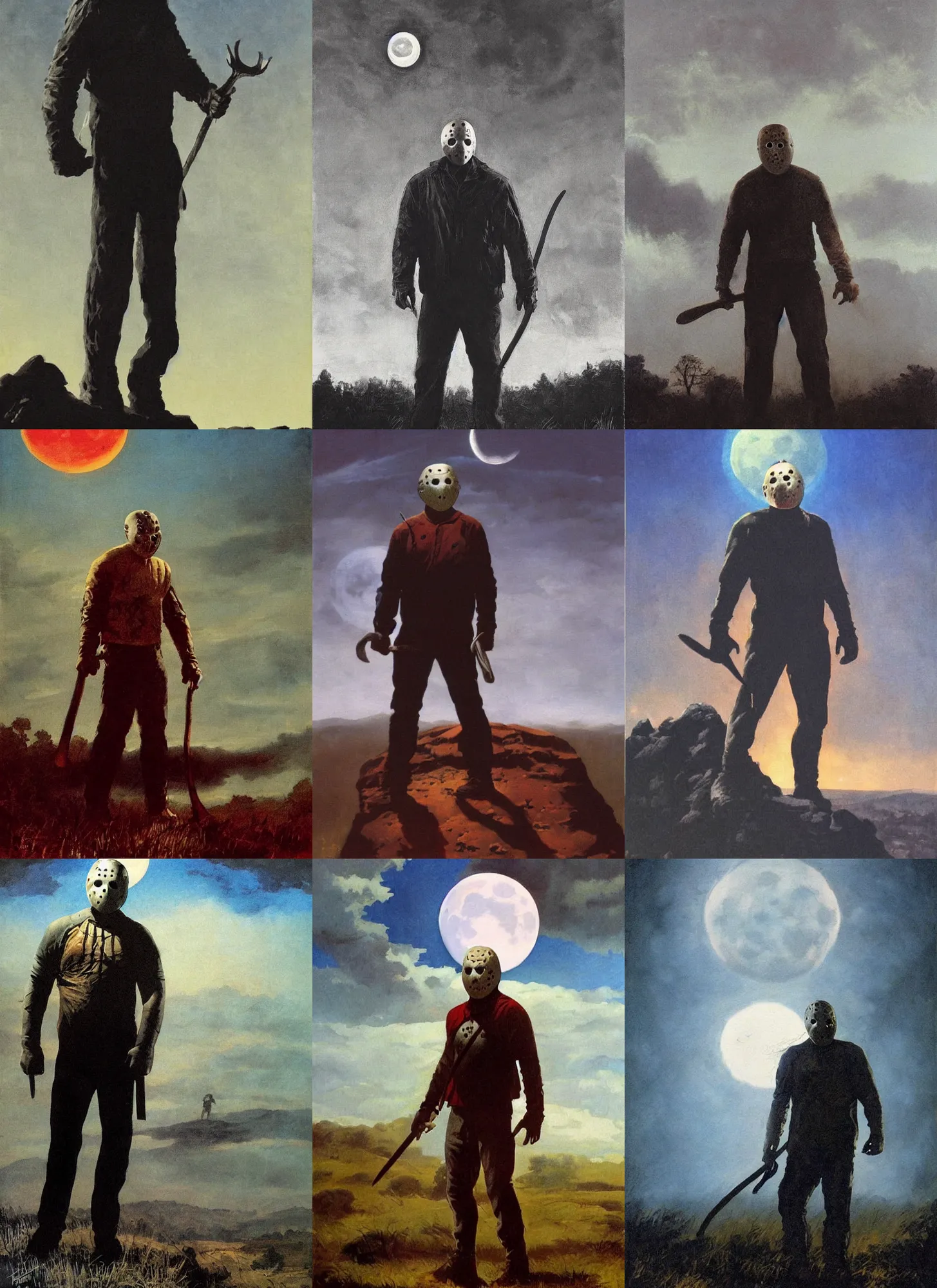 Prompt: portrait, jason voorhees standing on a giant hill, new york panorama in far background, powerful pose, scary, horror, deep night, giant moon, dramatic sky, shadows on side, cinematic, side light, backlighting, oil painting by frazetta