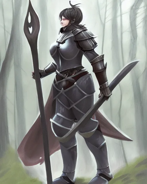 Image similar to concept art of a thicc female knight, wearing heavy medival knight armor, holding a long sword, walking through a foggy oak forest | | epic - fine - clean, polished, trending on artstation, brush strokes