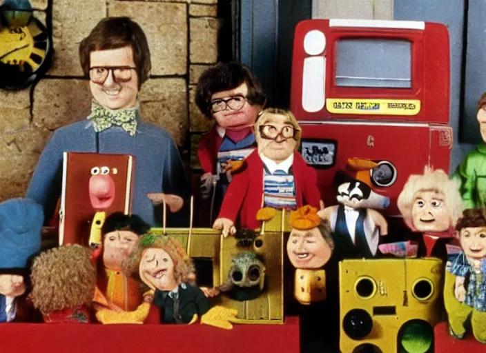 Image similar to a scene from a 1 9 7 0 s british kids tv programme by the bbc and oliver postgate, stop motion animation, postman pat, vhs distortion, folk horror