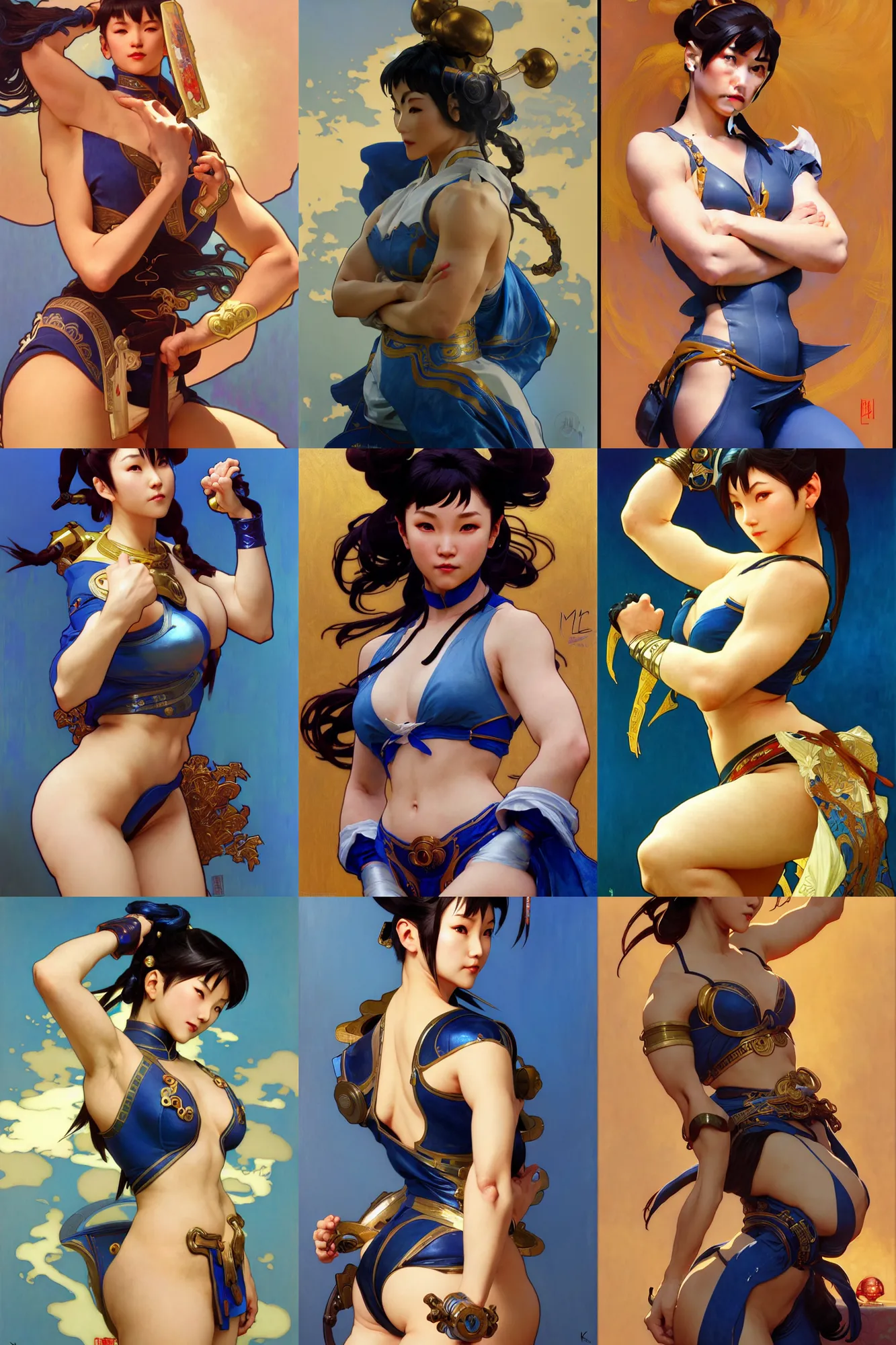 Prompt: chun - li, nier autoamata, highly detailed painting by ilya kuvshinov, alphonse mucha, gaston bussiere, craig mullins, j. c. leyendecker 8 k, blue background