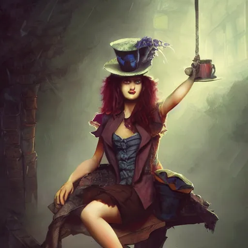 Prompt: realistic, full body portrait, attractive grungy female mad hatter, by Jordan Grimmer and greg rutkowski, crisp lines and color,