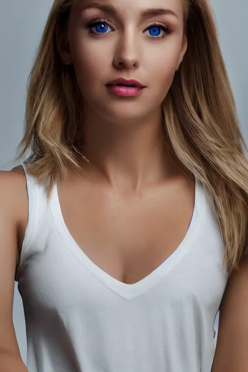 Prompt: 2 4 year old professional blonde female wearing white v - neck top, neck zoomed in, photo realistic, extreme detail skin, no filter, slr, golden hour, 4 k, high definition, photograph, selfie