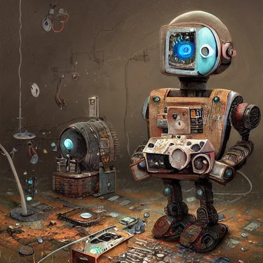 Prompt: abandoned robot made from old electronics parts, illustration by gediminas pranckevicius