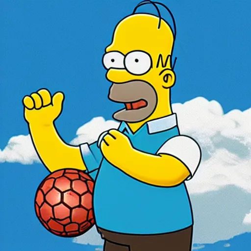 Prompt: render of homer simpson dressed with argentinean t - shirt with a futbol ball in his hands