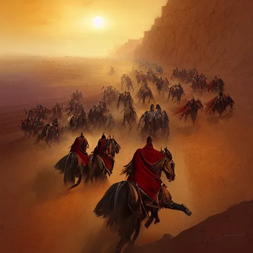 Prompt: crusaders charging across the desert sand by marc simonetti,