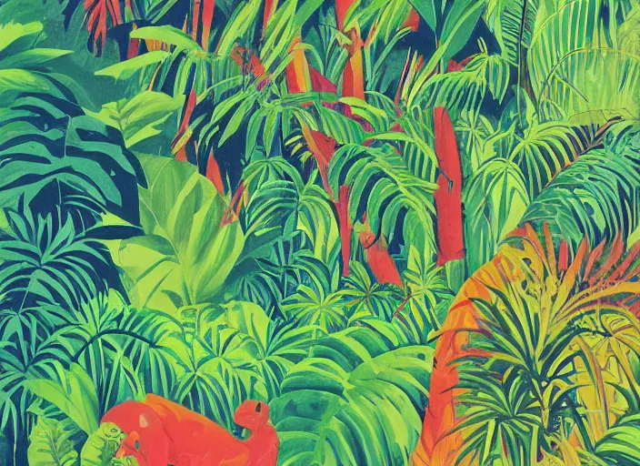 Prompt: illustration of a lush colorful tropical jungle, (retro poster) by Reginald Montague Lander, By Tom Purvis, By Joseph Binder