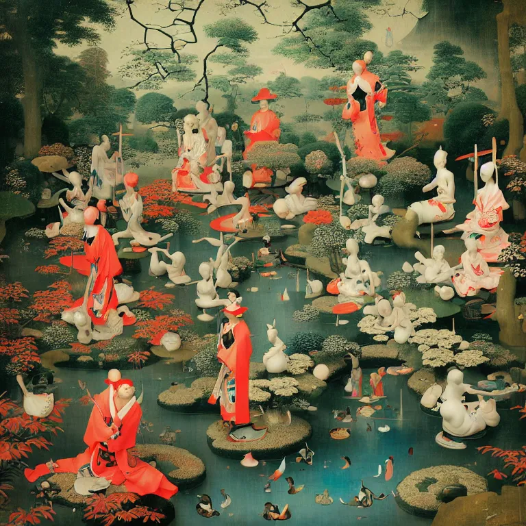 Prompt: Vibrant Japanese Garden by Hieronymus Bosch and James Jean, Ross Tran, Porcelain Japanese Mannequins, HD, very cohesive, symmetry, serenity, hypermaximalist, 8k, surreal oil painting, highly detailed, dream like, masterpiece