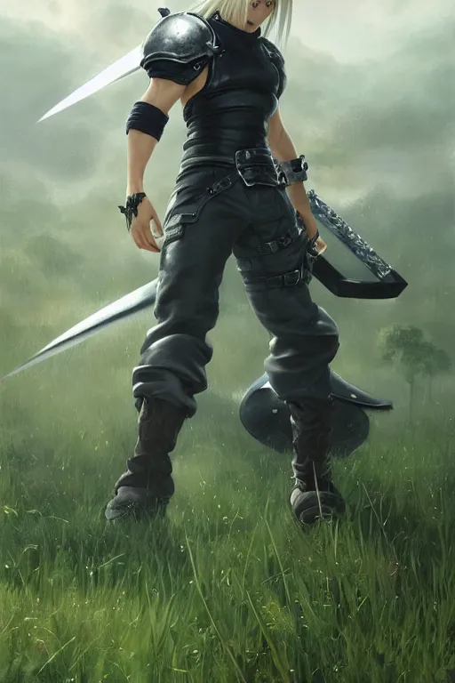 Prompt: cloud from final fantasy 7, battle stance , highly detailed, in a magical lush field of overgrown plants, digital painting, artstation, concept art, smooth, sharp focus, illustration, cinematic lighting, art by artgerm and greg rutkowski and Annie Leibowitz