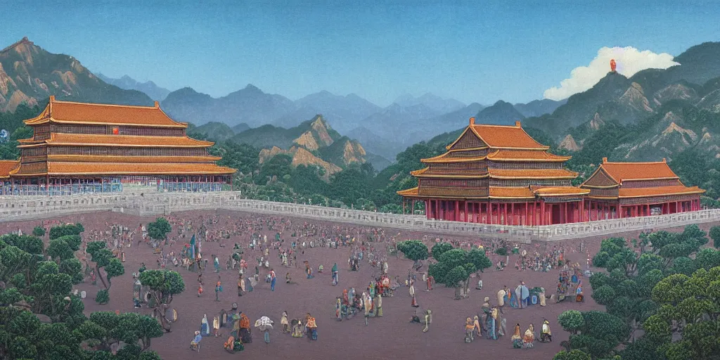 Image similar to forbidden city on the cliff, 4 k, wide - angle lens ， cinematic ， painting by wes anderson and hasui kause and scott listfield maxfield parrish