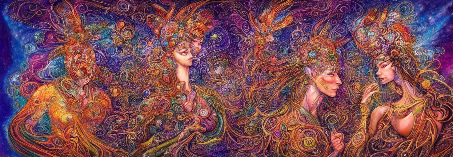 Image similar to two psychedelic shamans intertwined in a cosmic entanglement by Josephine Wall and Daniel Merriam, Artstation