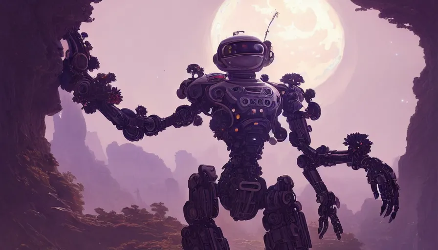 Image similar to a robot astronaut, floral! looks like a machine from horizon zero dawn designed by apple, in socotra island, posing for a fight, intricate, elegant, highly detailed, digital painting, establishing shot, an epic fantasy, artstation, smooth, sharp focus, illustration, art by artgerm and greg rutkowski, 8 k