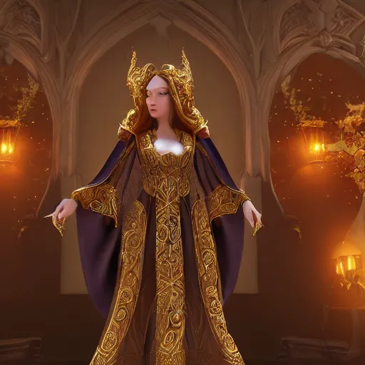 Prompt: a beautiful female fantasy wizard dressed in ornate robes wearing sparkling gold jewelry, 4 k, detailed