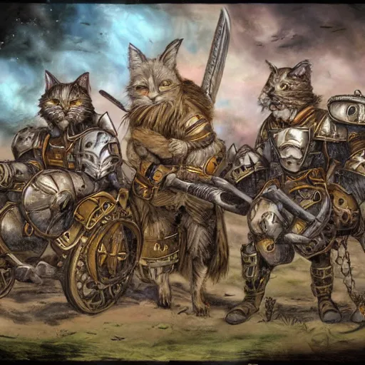 Image similar to Warrior cats riding large wardogs into battle, steampunk weapons and armour