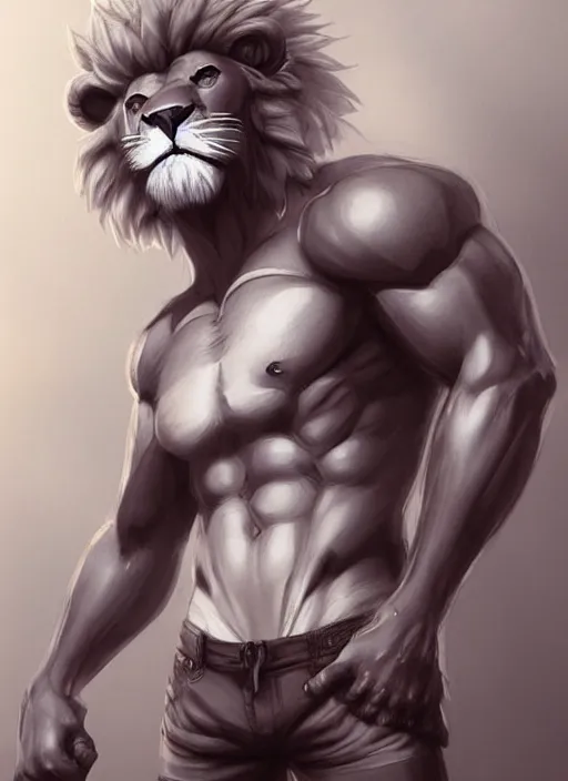 Prompt: award winning beautiful portrait commission art of a muscular male furry anthro lion fursona with a cute beautiful attractive detailed furry face wearing gym shorts and a tanktop. Character design by charlie bowater, ross tran, artgerm, and makoto shinkai, detailed, inked, western comic book art